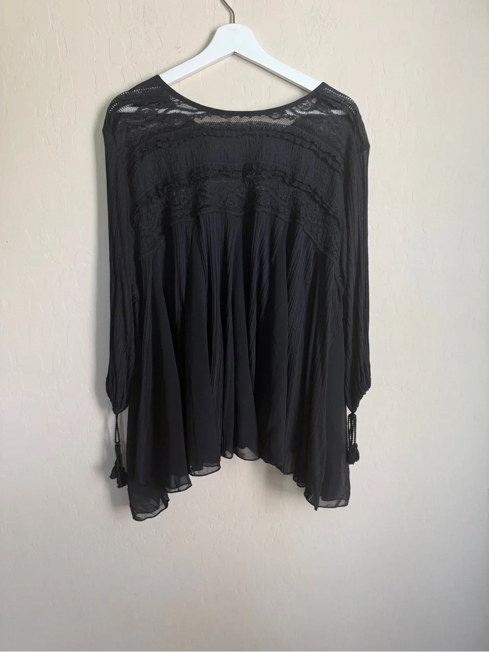 Free People Sheer Black Lace Yoke Bell Sleeve Boho Lace Blouse Flowy Sheer Small